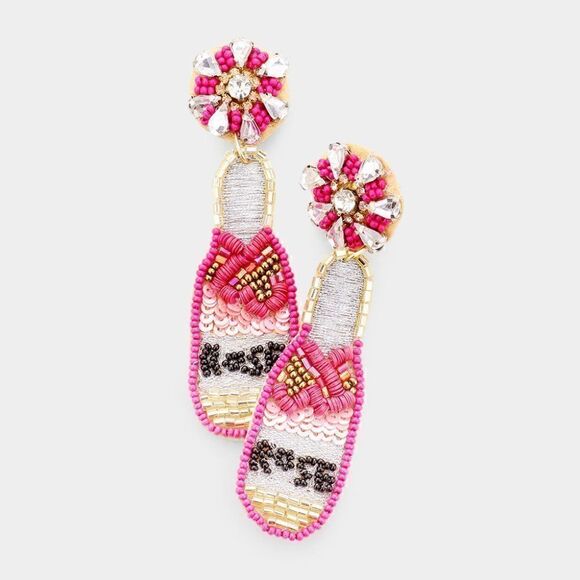 Rose Wine Bottle Felt Back Multi Seed Bead Earring - Picture 1 of 5